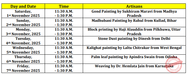 The schedule for the workshops which will be held at the Dastkari Haat Bazaar